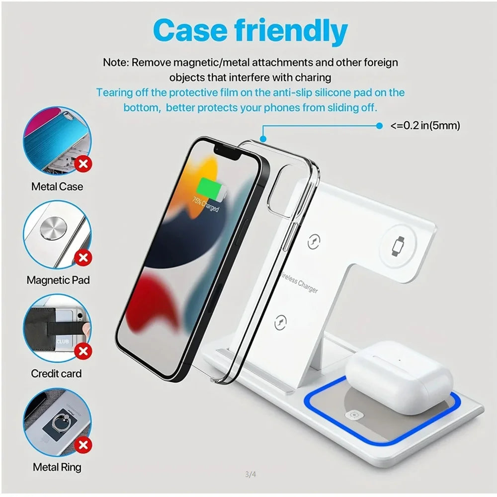 3-in-1 LED Fast Wireless Charger Stand for iPhone 15/14/13/12 Apple Watch AirPods