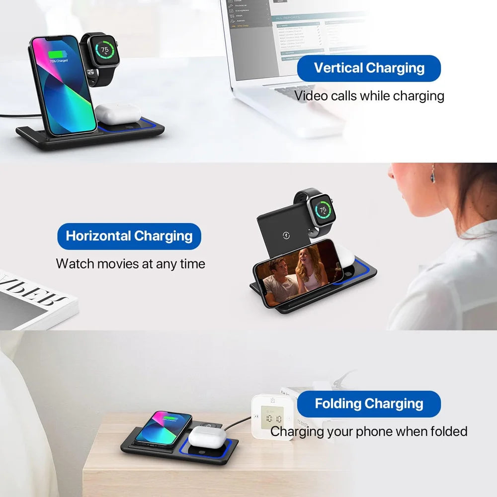 3-in-1 LED Fast Wireless Charger Stand for iPhone 15/14/13/12 Apple Watch AirPods