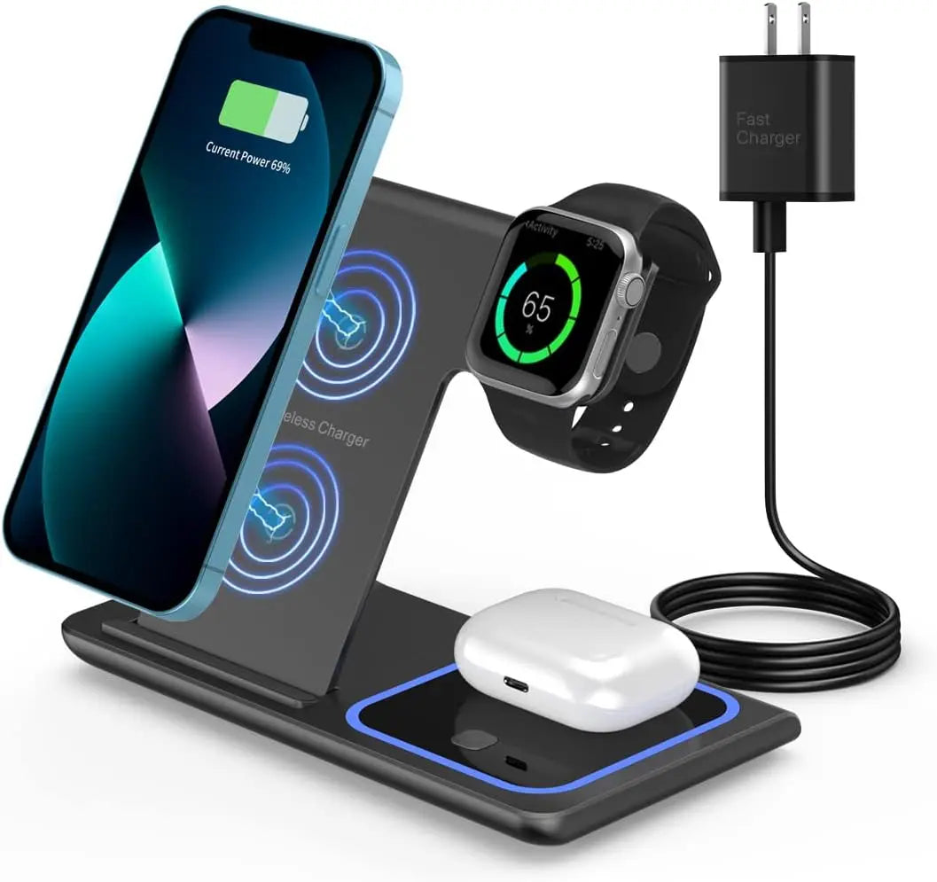 3-in-1 LED Fast Wireless Charger Stand for iPhone 15/14/13/12 Apple Watch AirPods