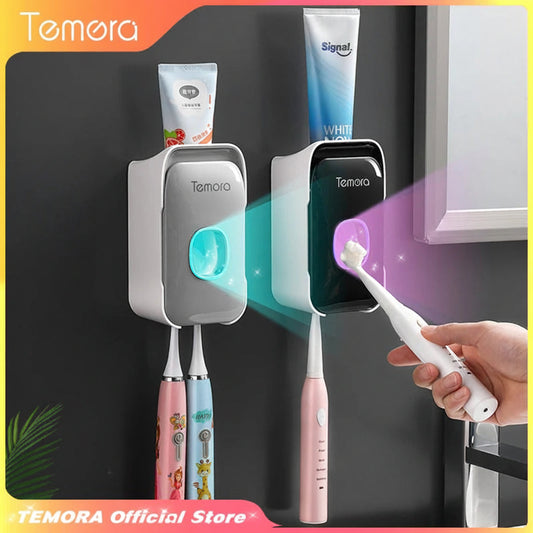 Automatic Toothpaste Dispenser with Toothbrush Holder - Wall Mounted Bathroom Organiser