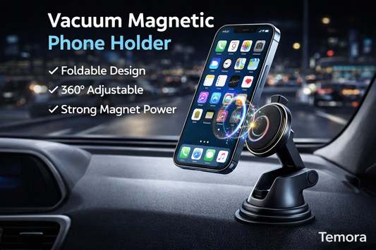 Temora Magnetic Car Phone Holder — 360° Adjustable, Vacuum Mount & 16 Magnets